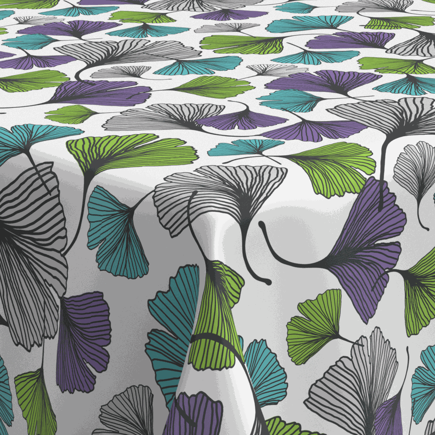 Wachstischdecke Blätter aus PVC mit buntem Ginkgo-Blättermuster in Grün, Türkis, Violett und Grau