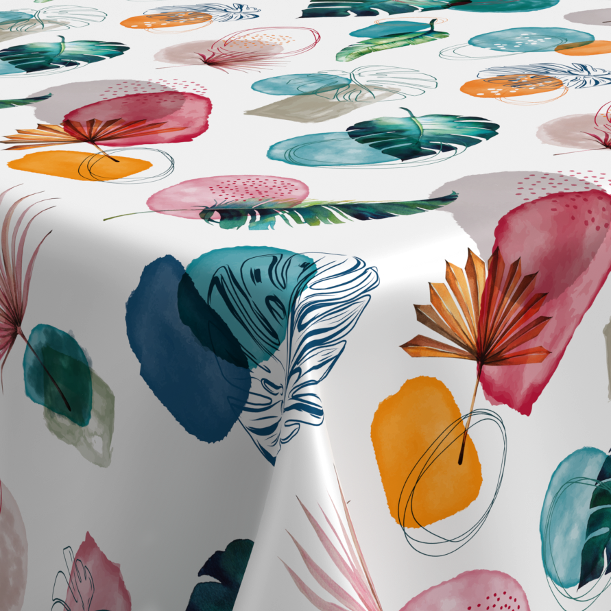 geprägte Wachstischdecke aus abwaschbarem Material mit buntem Blätter- und Blütenmotiv in Weiß, Blau, Rosa und Orange