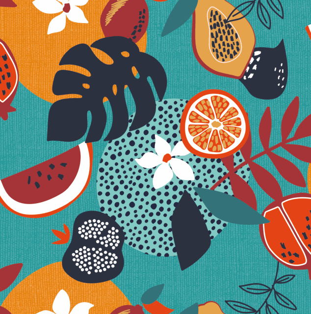 Wachstischdecke Fruits aus abwischbarem Material mit buntem tropischem Früchte- und Blättermuster
