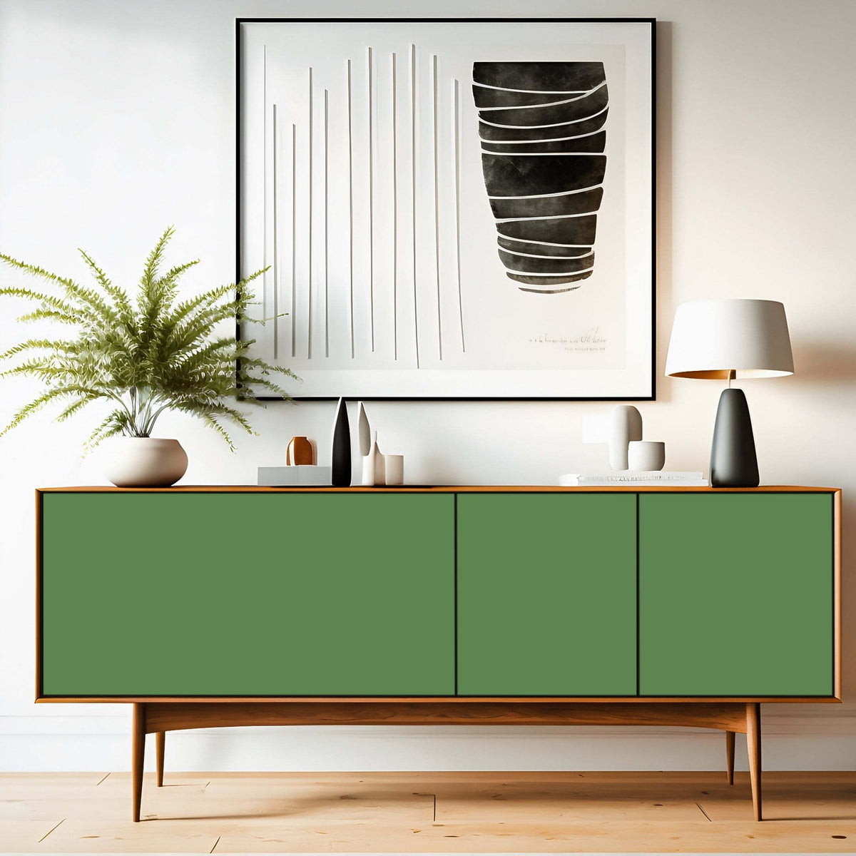 Klebefolie Standard Uni in mattem Grün auf einem modernen Sideboard mit glatter, einfarbiger Oberfläche
