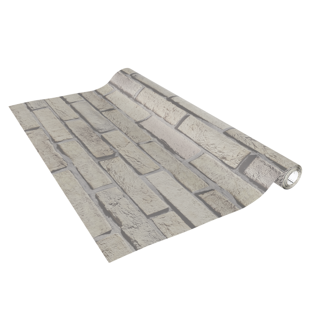 Klebefolie Standard in hellgrauer Steinoptik mit realistischem Mauerfugenmuster, selbstklebend und aufgerollt