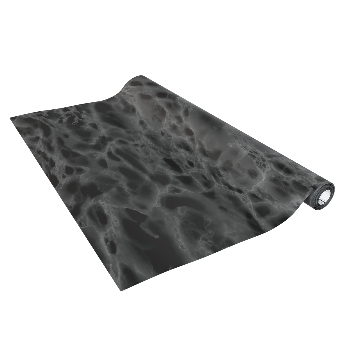 Klebefolie Standard in schwarzer Marmoroptik mit glänzender Oberfläche und aufgerolltem Ende