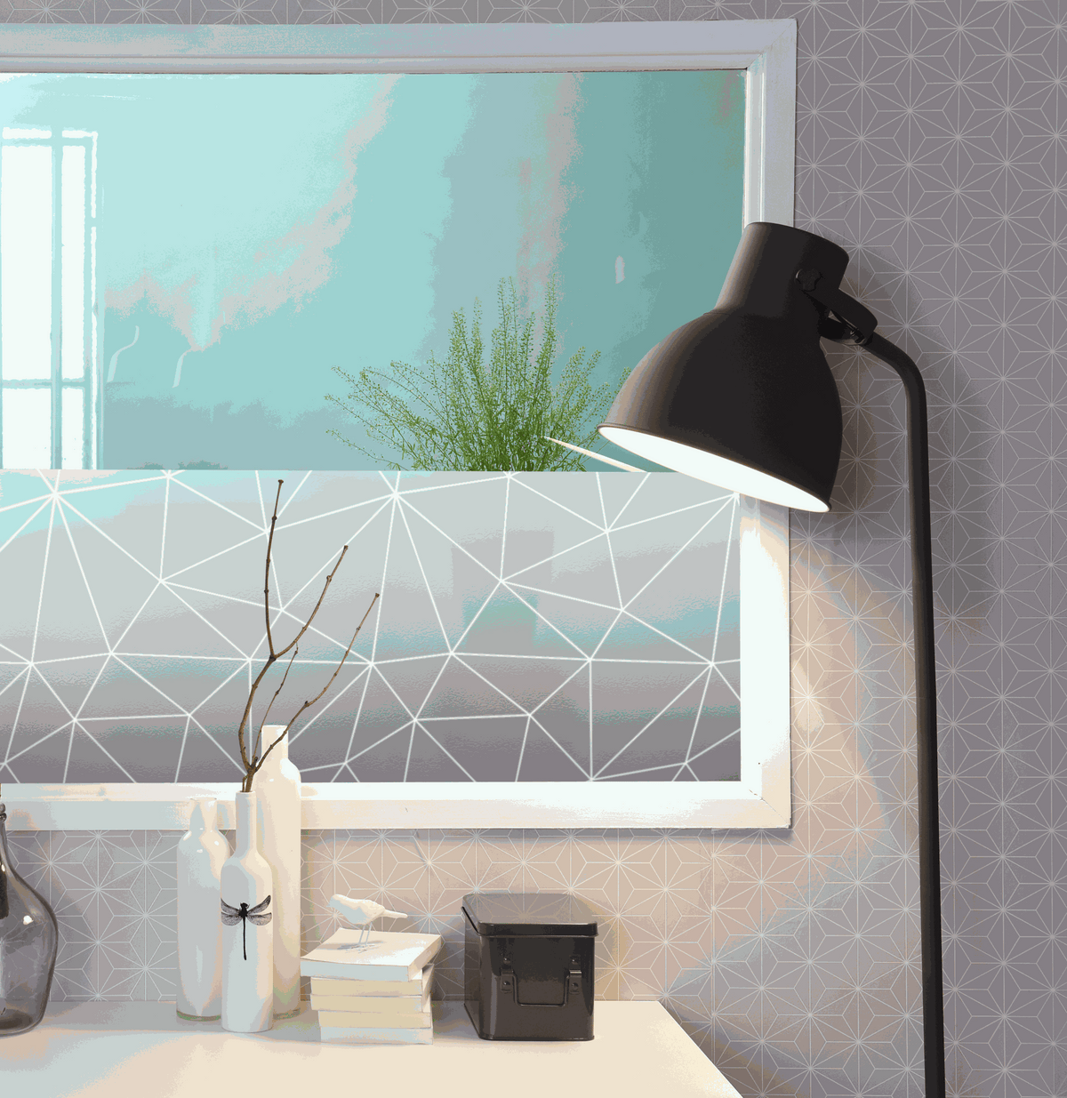 Vitrestatic Sichtschutzfolie Fenster mit geometrischem, kantigem Muster für transparenten Sichtschutz und dekorative Optik