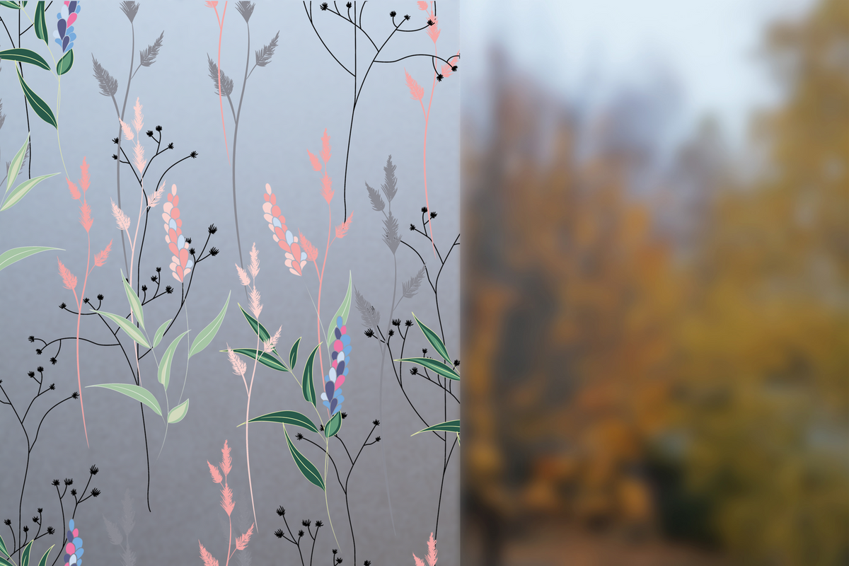 Vitrostatic Sichtschutzfolie mit buntem Blumen- und Gräsermuster, blickdicht und lichtdurchlässig für Fenster