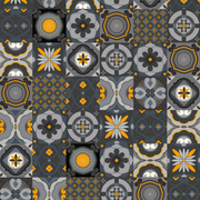 Küchenrückwand selbstklebend aus Aluminium mit dekorativem, geometrischem Fliesenmuster in Grau und Orange
