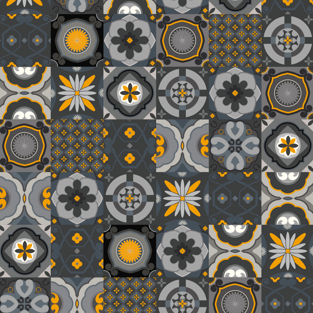 Küchenrückwand selbstklebend aus Aluminium mit dekorativem, geometrischem Fliesenmuster in Grau und Orange