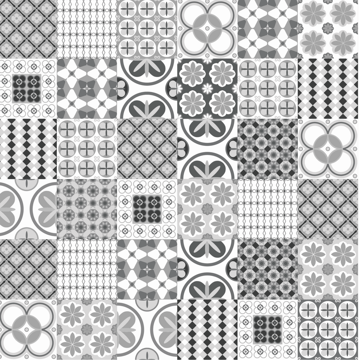 Küchenrückwand selbstklebend aus Aluminium mit abwechslungsreichem Patchwork-Fliesenmuster in Grau und Weiß