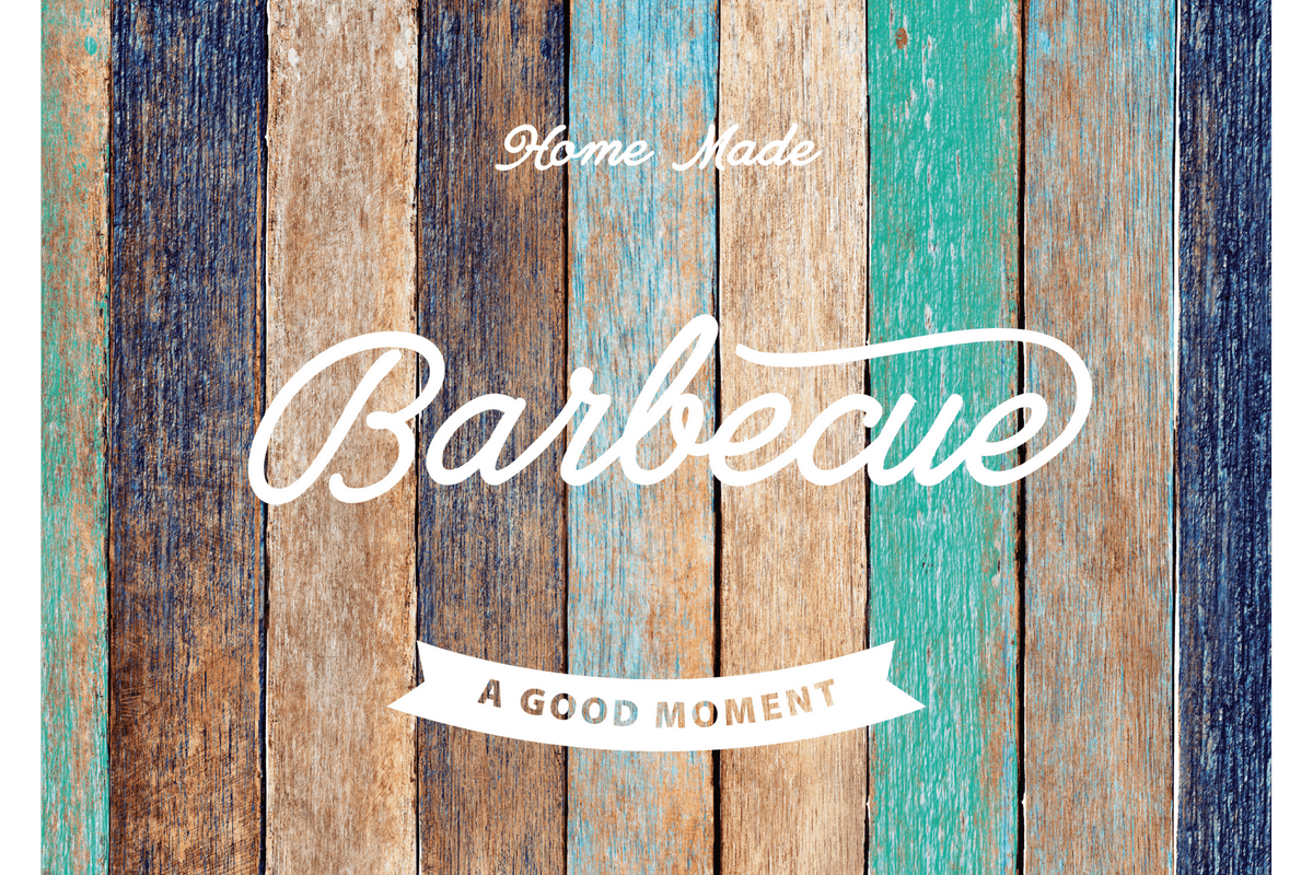 Tischset aus Papier im rustikalen Holzlatten-Design, mehrfarbig mit weißem Barbecue-Schriftzug und Banner