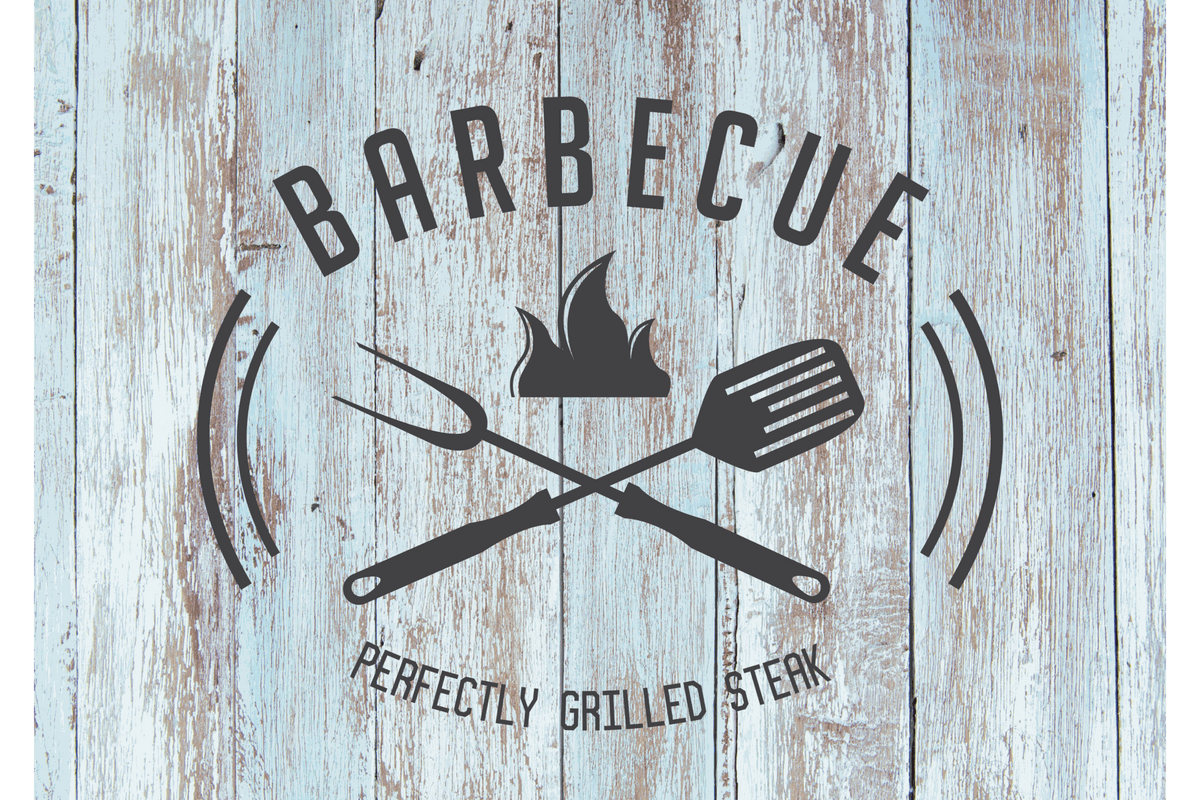 Tischset aus Papier mit braun-blauem BBQ-Grillmotiv, Holzoptik und Aufdruck „Barbecue – Perfectly Grilled Steak“