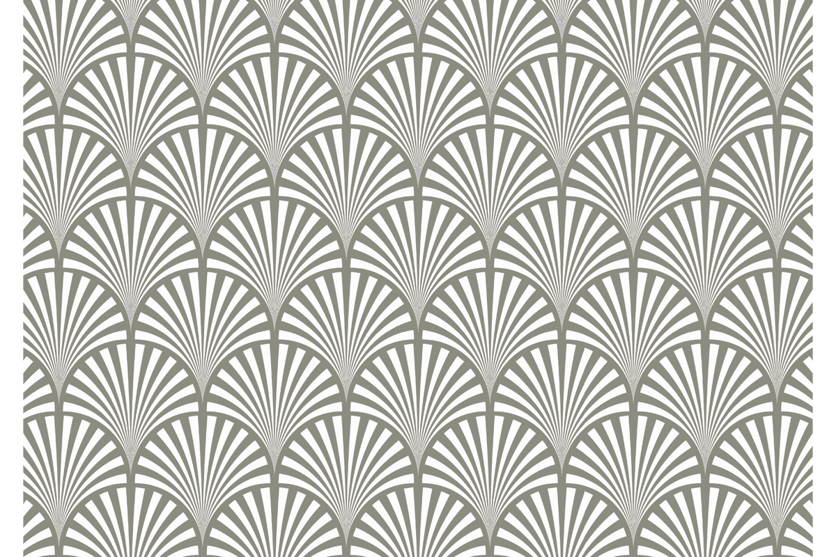 Tischset aus Papier mit grauem Art-déco-Fächer-Muster auf weißem Grund, rechteckig und dekorativ