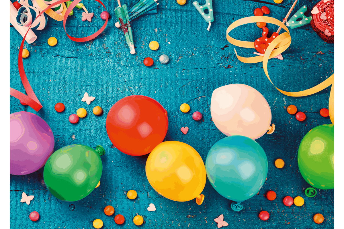 Tischset aus Papier mit farbenfrohem Partyballon- und Konfetti-Motiv auf türkisfarbenem Hintergrund, als Abreißblock