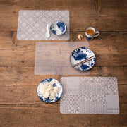 Rechteckiges Tischset Transparente aus Kunststoff mit hellbraunen, floralen und geometrischen Mustern, abwischbar