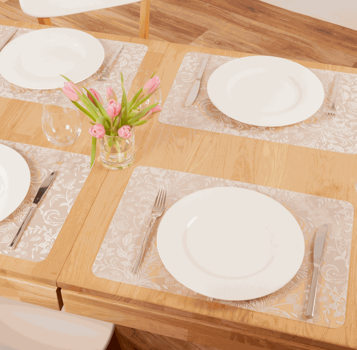 Tischset Transparente aus glattem Kunststoff in Beige mit floralem Muster, rechteckig und abwischbar
