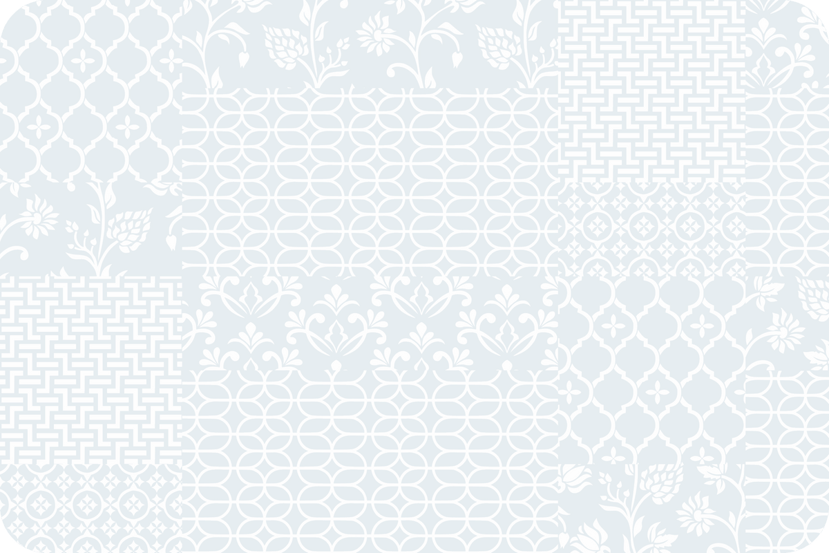 Tischset Transparente aus glattem Kunststoff in Hellblau und Weiß mit vielfältigem Patchwork-Muster, rechteckig