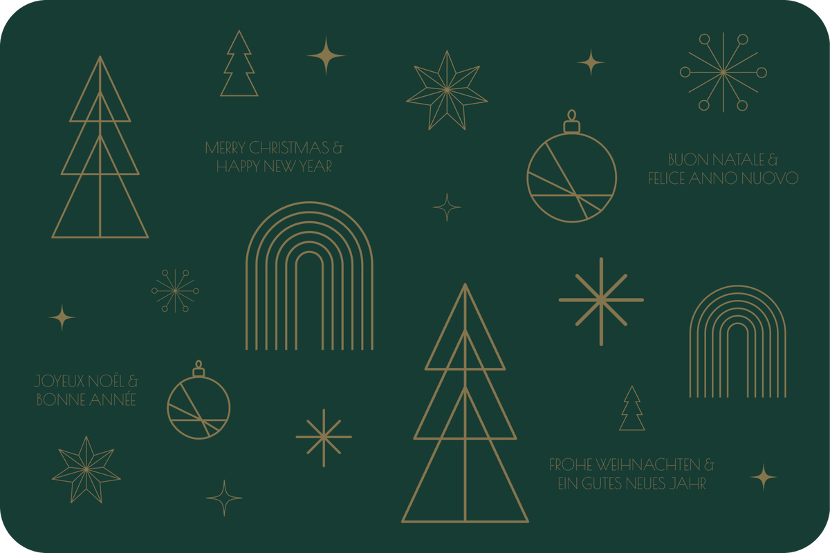 Tischset Weihnachten aus Kunststoff in Dunkelgrün mit goldenem geometrischem Weihnachtsmuster und Schriftzügen