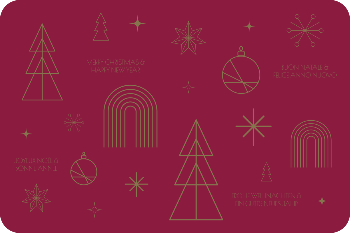 Tischset Weihnachten aus Kunststoff in Bordeaux mit goldfarbenem, geometrischem Weihnachtsmuster und Tannenbäumen