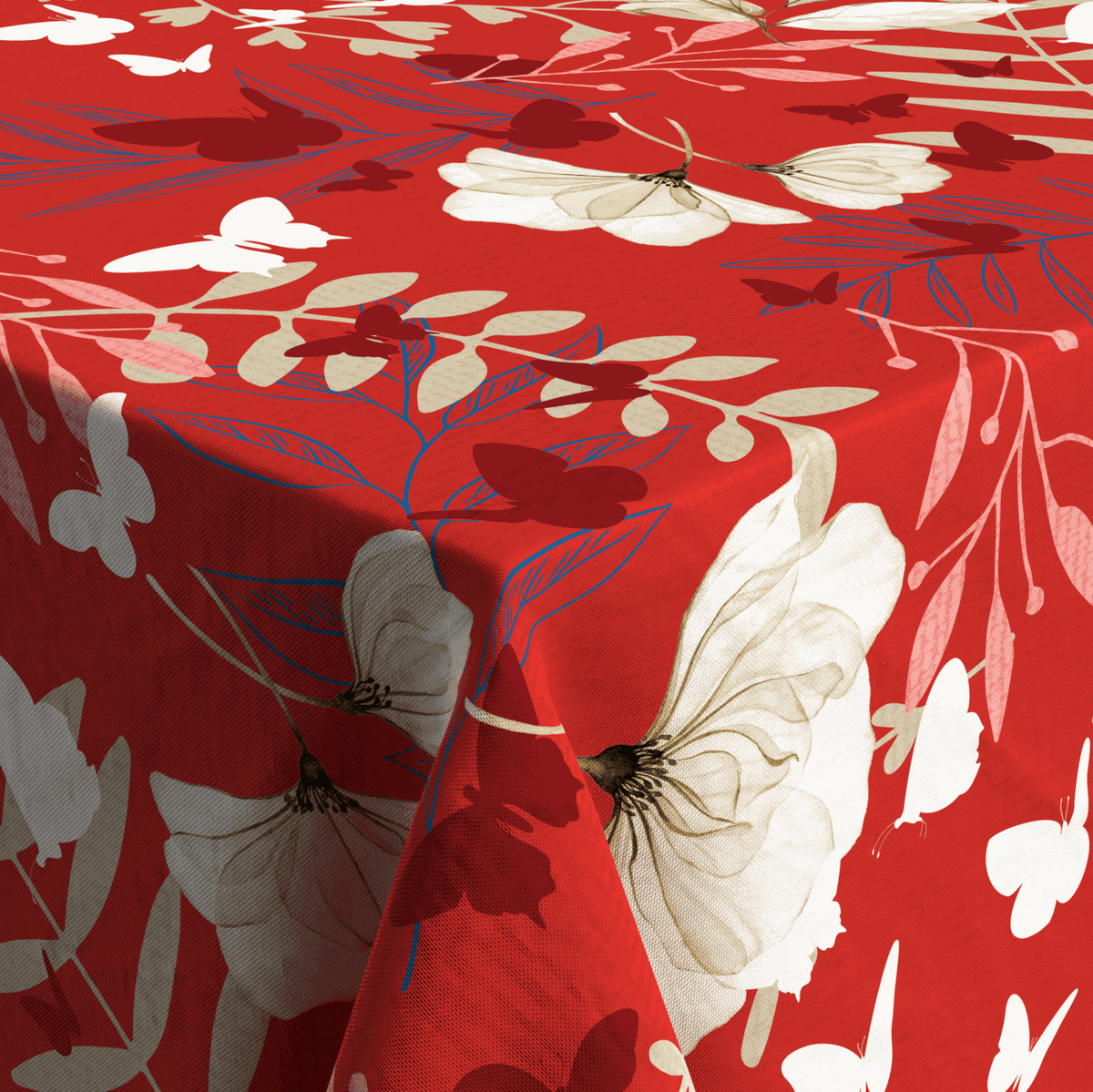 Textile Tischdecke aus rotem Stoff mit großem floralen Blumenmuster in Weiß, Beige, Grau und Blau