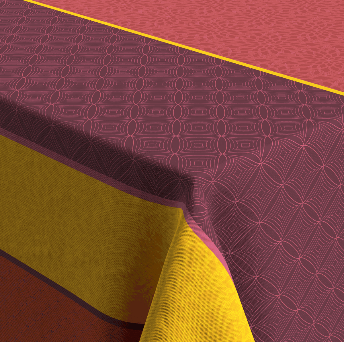 Textile Tischdecke aus textilem Material in Bordeaux mit gelber Kante und geometrischem Linienmuster, wendbar gestaltbar