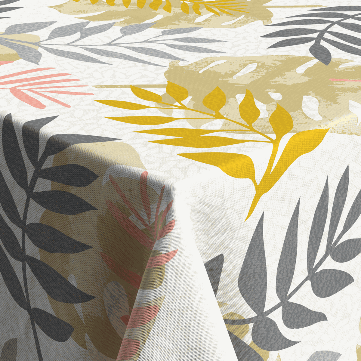 Textile Tischdecke aus textilem Material mit buntem Blätter- und Palmenmuster in Weiß, Gelb, Grau und Rot