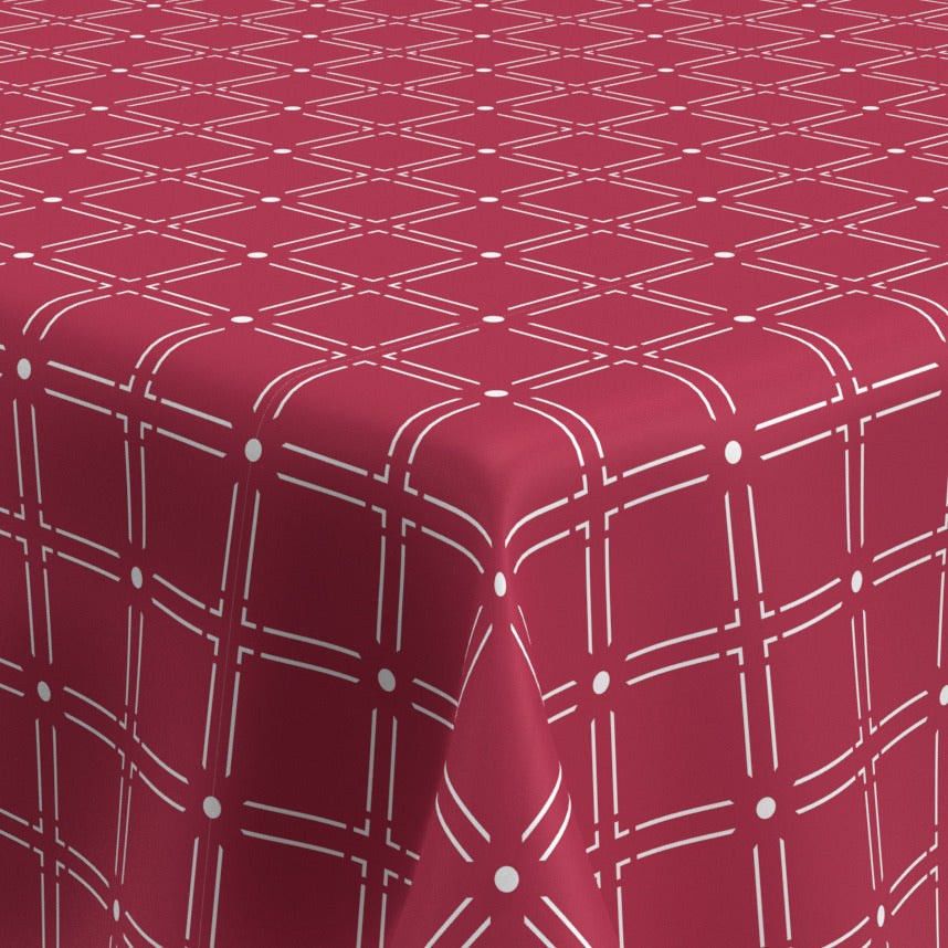 Textile Tischdecke in Bordeauxrot mit weißem grafischem Linienmuster und Punkten, textiler Einfasskante
