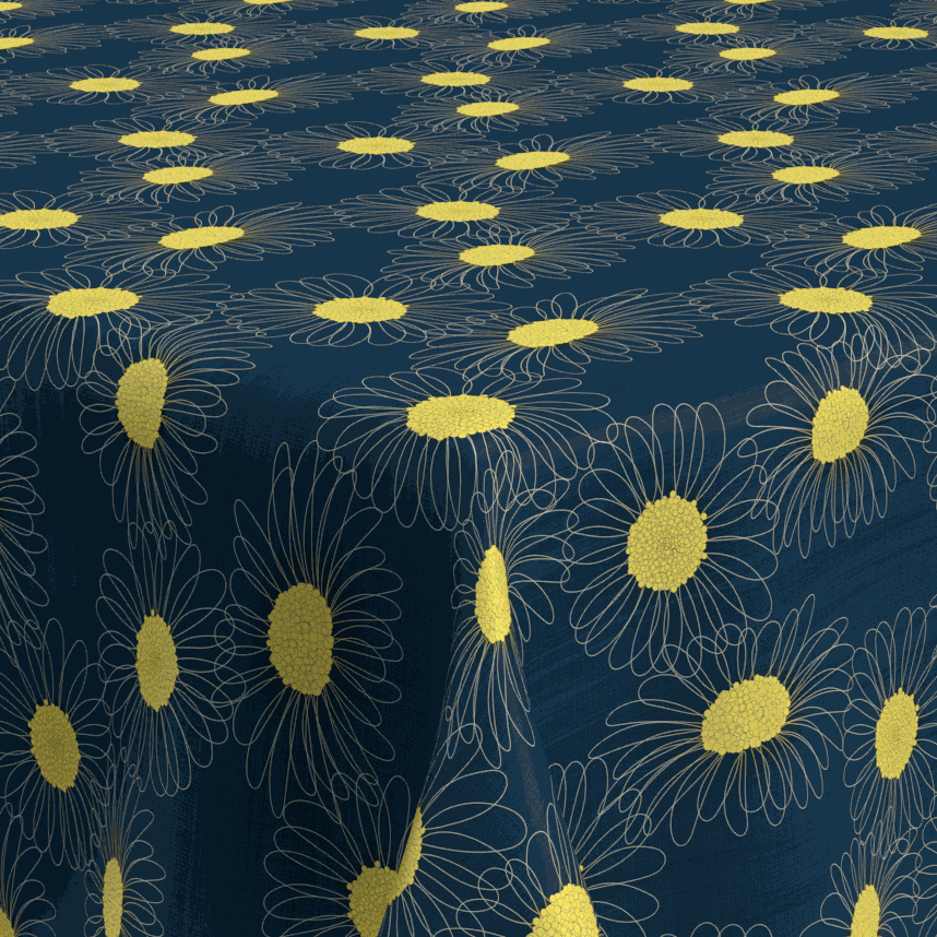 Textile Tischdecke aus Stoff in Dunkelblau mit gelbem Blumenmuster und filigranen Blütenumrissen
