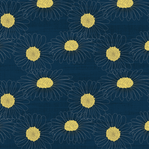 Textile Tischdecke aus blauem Stoff mit gelben Blüten und feinen weißen Blütenkonturen als Muster
