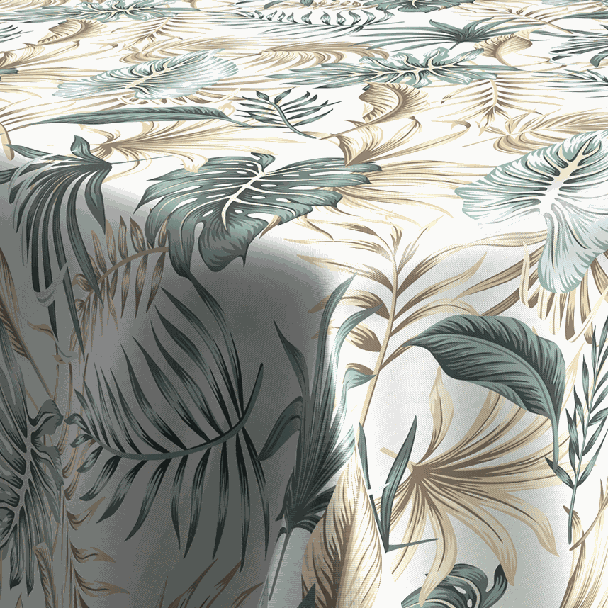 Textile Tischdecke in Weiß mit grünen und beigefarbenen tropischen Blättern, textile Oberfläche und Blättermuster