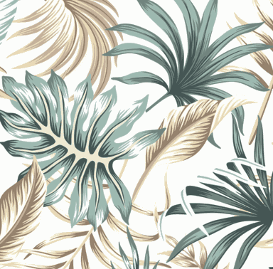 Textile Tischdecke mit tropischem Blätter- und Palmenmuster in Grün, Beige und Creme, textile Oberfläche