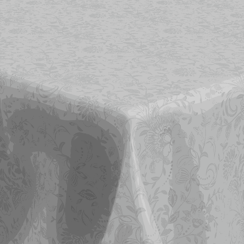 Textile Tischdecke aus Stoff in Hellgrau mit floralem Blumenmuster und dekorativem Wellensaum
