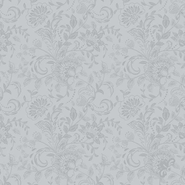 Textile Tischdecke aus Stoff in Hellgrau mit filigranem floralen Blumen- und Blättermuster
