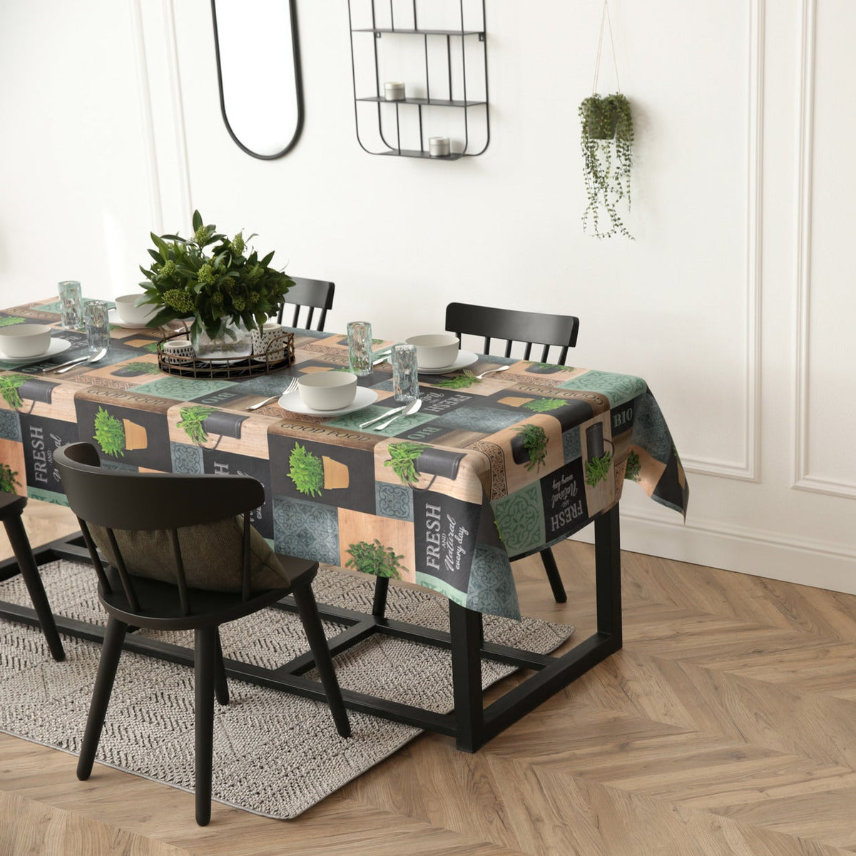 Wachstischdecke Pflanzen aus glattem Wachstuch mit buntem Patchwork- und Pflanzenmotiv, leicht glänzend
