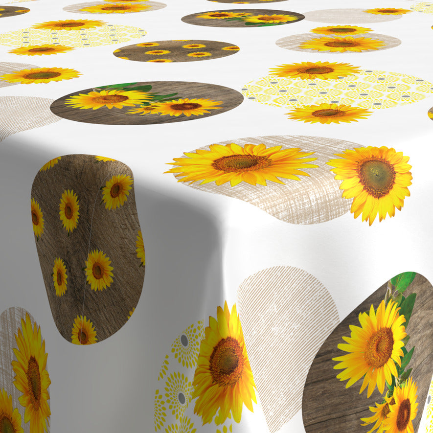 Wachstischdecke Blumen aus glattem Wachstuch mit weißen Flächen, Sonnenblumen und Holzoptik-Muster geschniegelt
