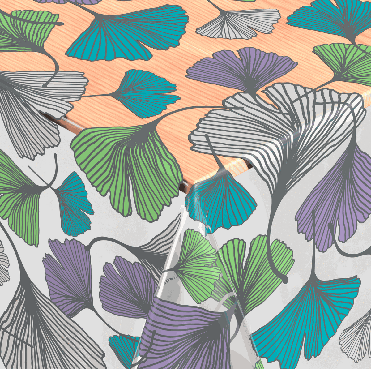 Tischfolie Transparent aus glatter PVC-Folie mit buntem Ginkgo-Blätter-Motiv in Grün, Türkis, Lila und Grau