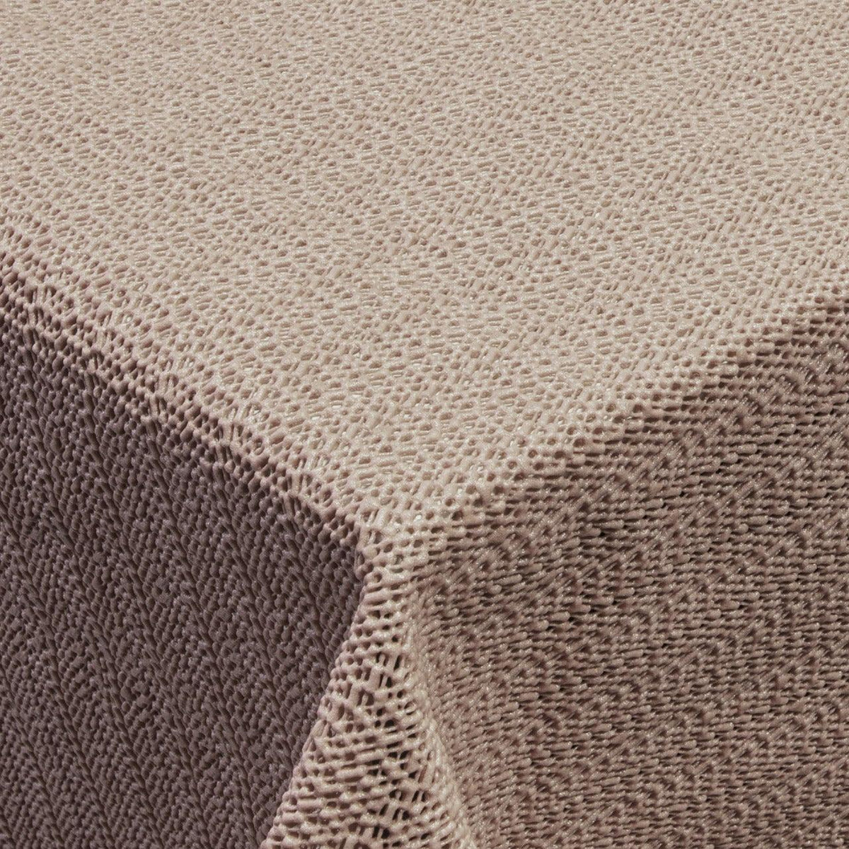 Gartentischdecke Taupe aus strukturiertem PVC-Weichschaum mit matter, grob gewebter Oberfläche und Einfassband