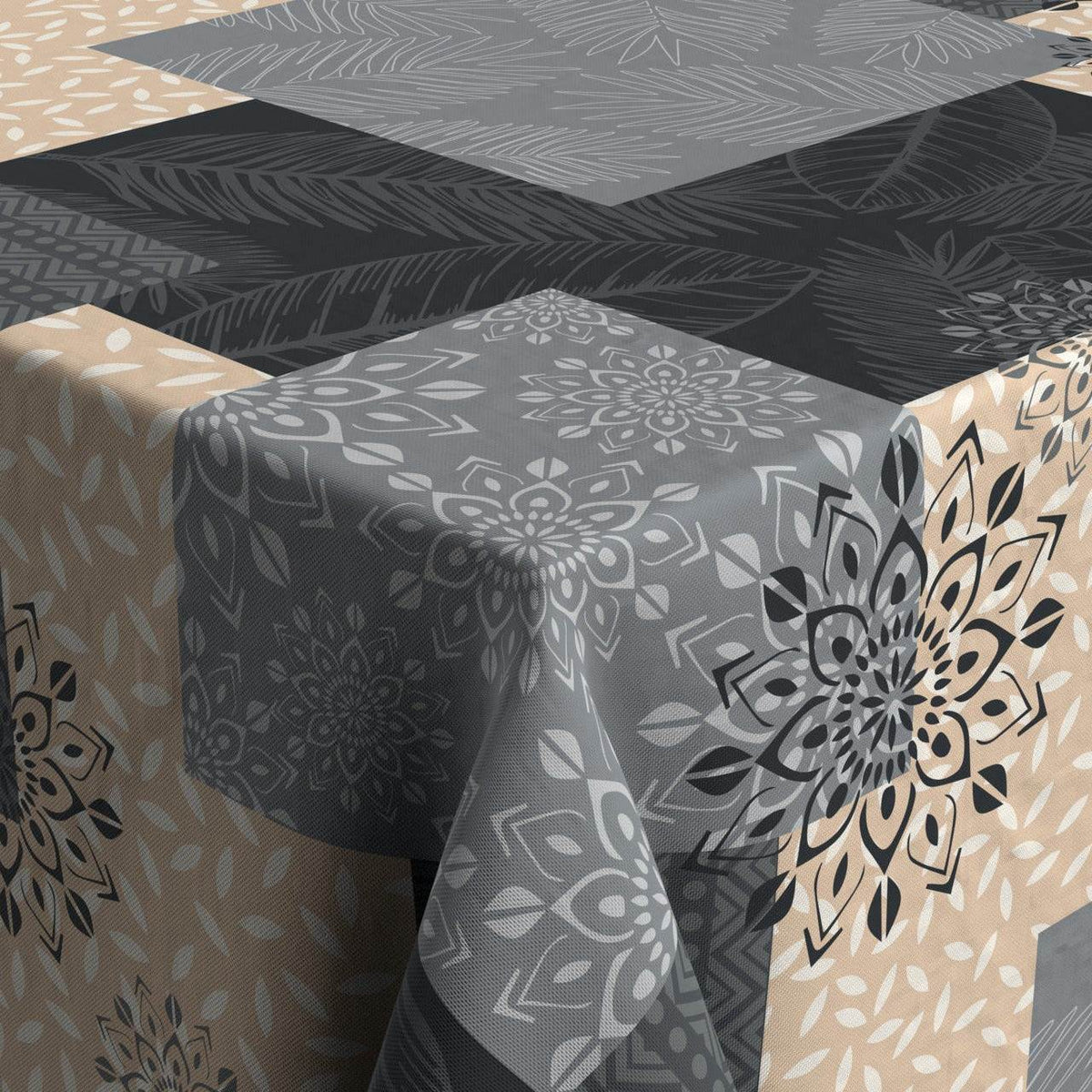 Textile Tischdecke aus wasserabweisendem Textil in Grau, Beige und Schwarz mit floralem Ornamentmuster und Einfassband